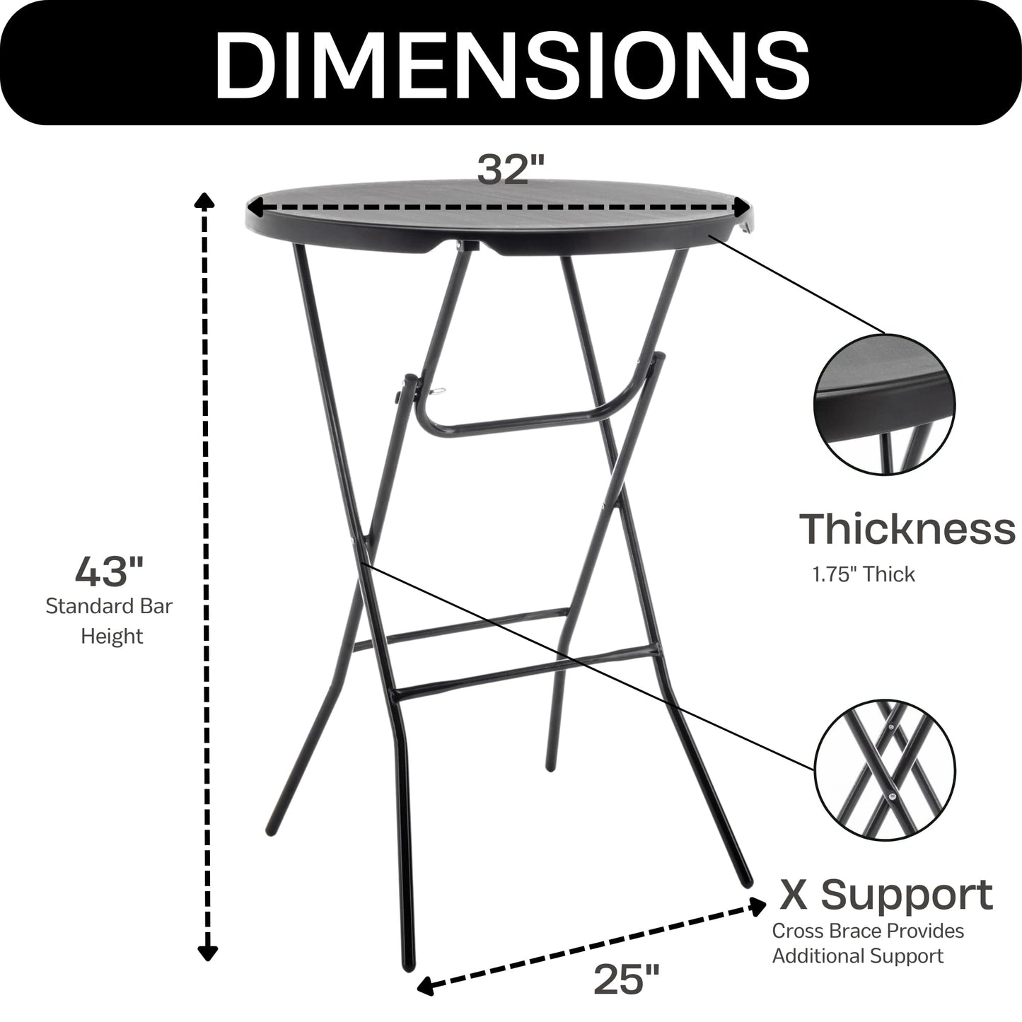 BTEXPERT Set of 5, 32" Round 43" Bar High Top Folding Table Commercial Portable for Drink Patio Banquet Card Plastic Coffee Dining Cocktail Wedding Party Event Home Kitchen Outdoor Black