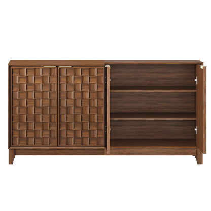 COLAMY 60" Sideboard Buffet Cabinet with Storage, Modern 3D Checkerboard Credenza with 4 Doors & Solid Wood Legs, Large Kitchen Coffee Bar Console Table for Dining Room, Living Room,Walnut Black