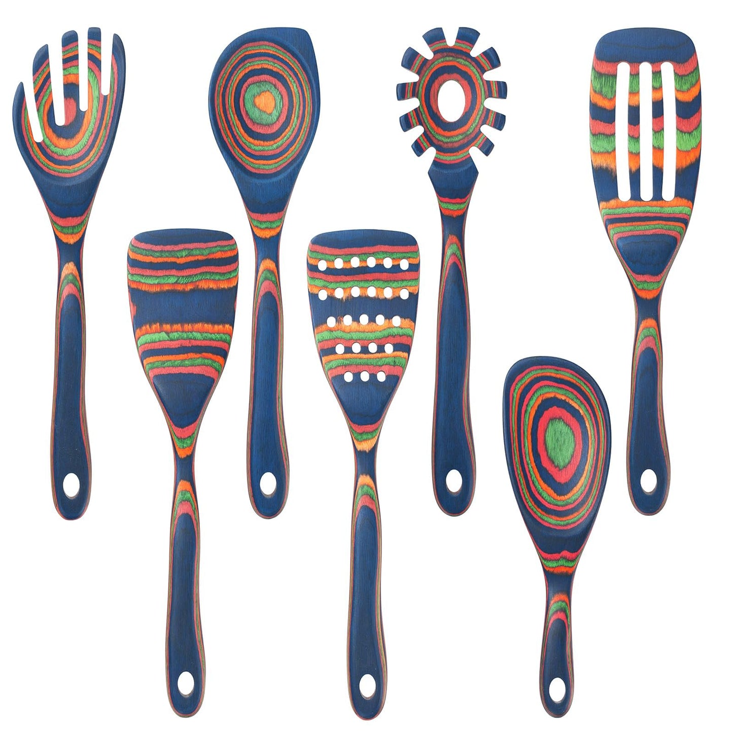 7 Pcs Wood Cooking Utensils Set, Wooden Kitchen Utensil Set for Cooking, Wooden Cooking Spoons & Spatulas, Safe for Non-Stick Cookware, Blue