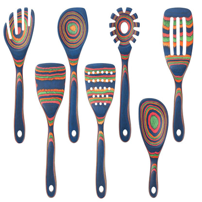 7 Pcs Wood Cooking Utensils Set, Wooden Kitchen Utensil Set for Cooking, Wooden Cooking Spoons & Spatulas, Safe for Non-Stick Cookware, Blue