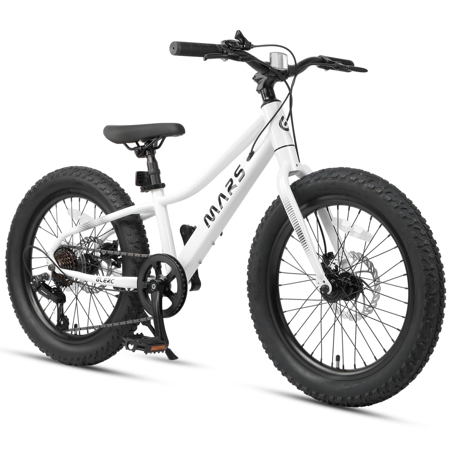 Glerc Mars Kids Mountain Bike, 20 Inch Fat Tire Bike for Teen Ages 6-12 Year Old, Bicycle with 2.8-Inch Wide Tires and 6 Speed Drivetrain, White