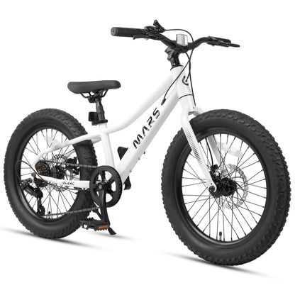 Glerc Mars Kids Mountain Bike, 24 Inch Fat Tire Bike for Teen Ages 8-14 Year Old, Bicycle with 2.8-Inch Wide Tires and 6 Speed Drivetrain, White