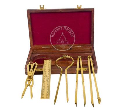 Humaira Nautical Proportional Divider Set of 5, Full Brass dividers with Executive Wooden Box, Single Handed 8" Brass Navigational Dividers Compass Set for Maritime, Naval, Geometry and Drafting
