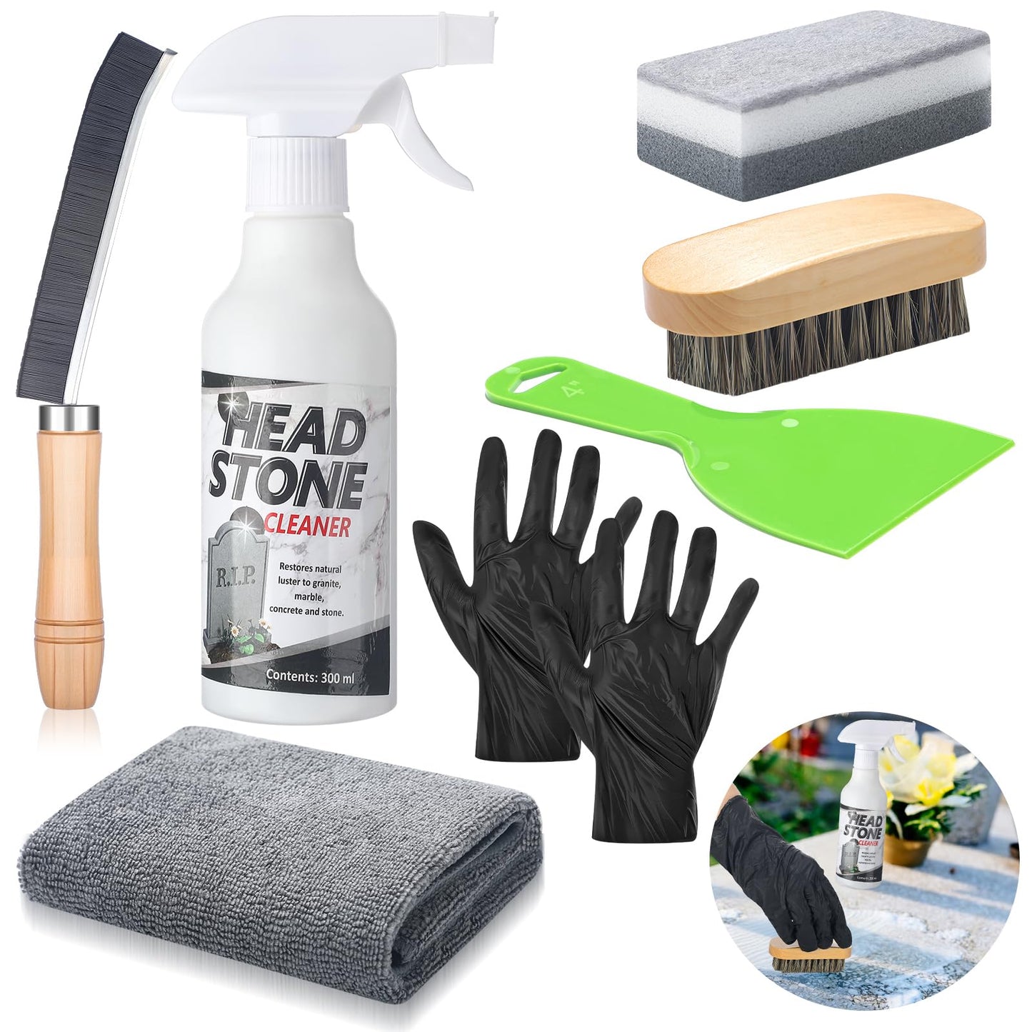 Mixweer 8 Pcs Headstone Cleaner Kit for Grave Cemetery Cleaning Granite and Stone Daily Cleaner Includes Spray Cloth Bristle Crevice Brush Scrub Brush Cleaning Sponge Disposable Gloves Plastic Scraper