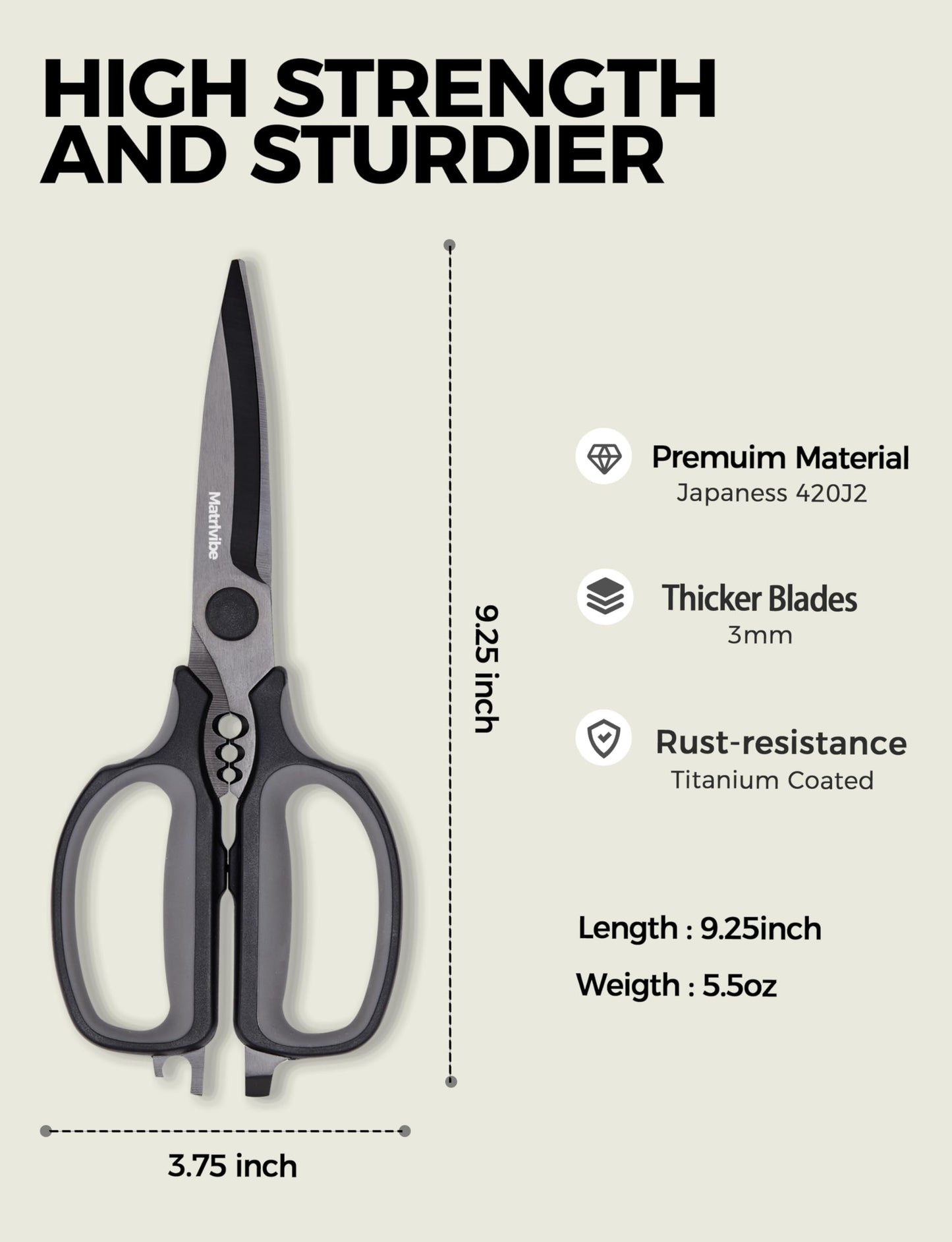 MATRLVIBE Heavy Duty Kitchen Shears, All Purpose Herb and Kitchen Scissors for food,Japanese 420J2 Stainless Steel,Titanium Coated, Detachable Blades and Soft TPR Handle,Dishwasher Safe