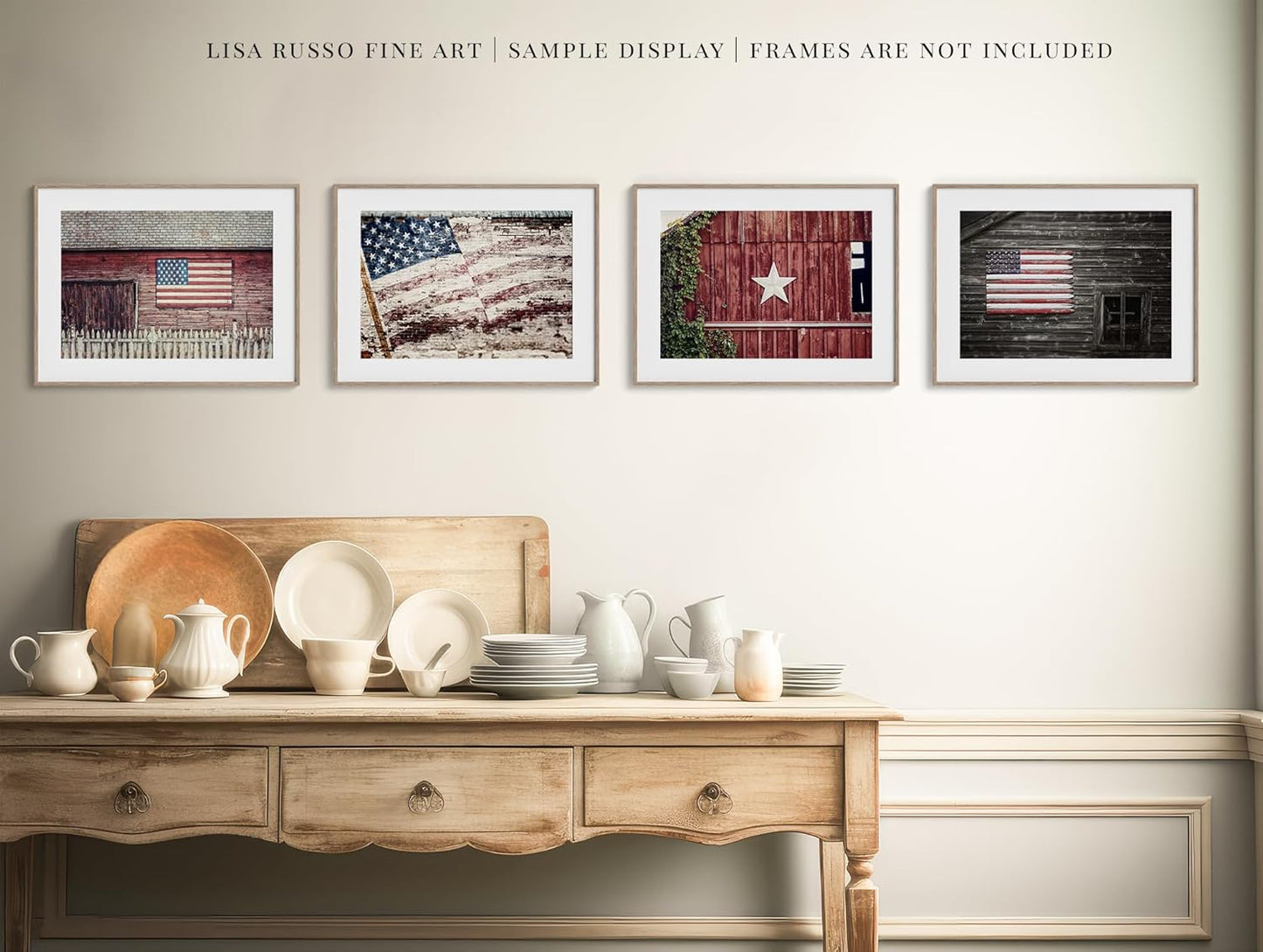 Rustic Farmhouse Decor - Patriotic Barns with American Flags - Set of 4 8x10” Prints - Americana USA Country Pictures