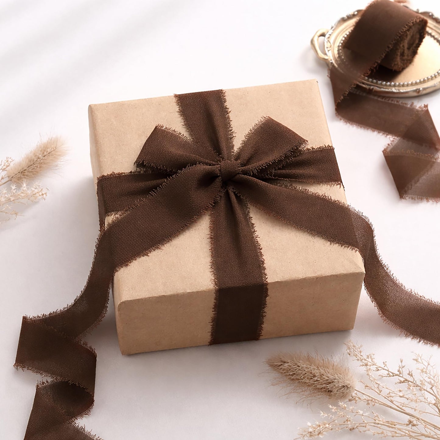 DORIS HOME Dark Brown Chiffon Ribbon for Flower Bouquet, 1" x21Yd Fabric Ribbon for Gift Wrapping, Handmade Frayed Ribbon for Wedding Invitations/Halloween Decorations