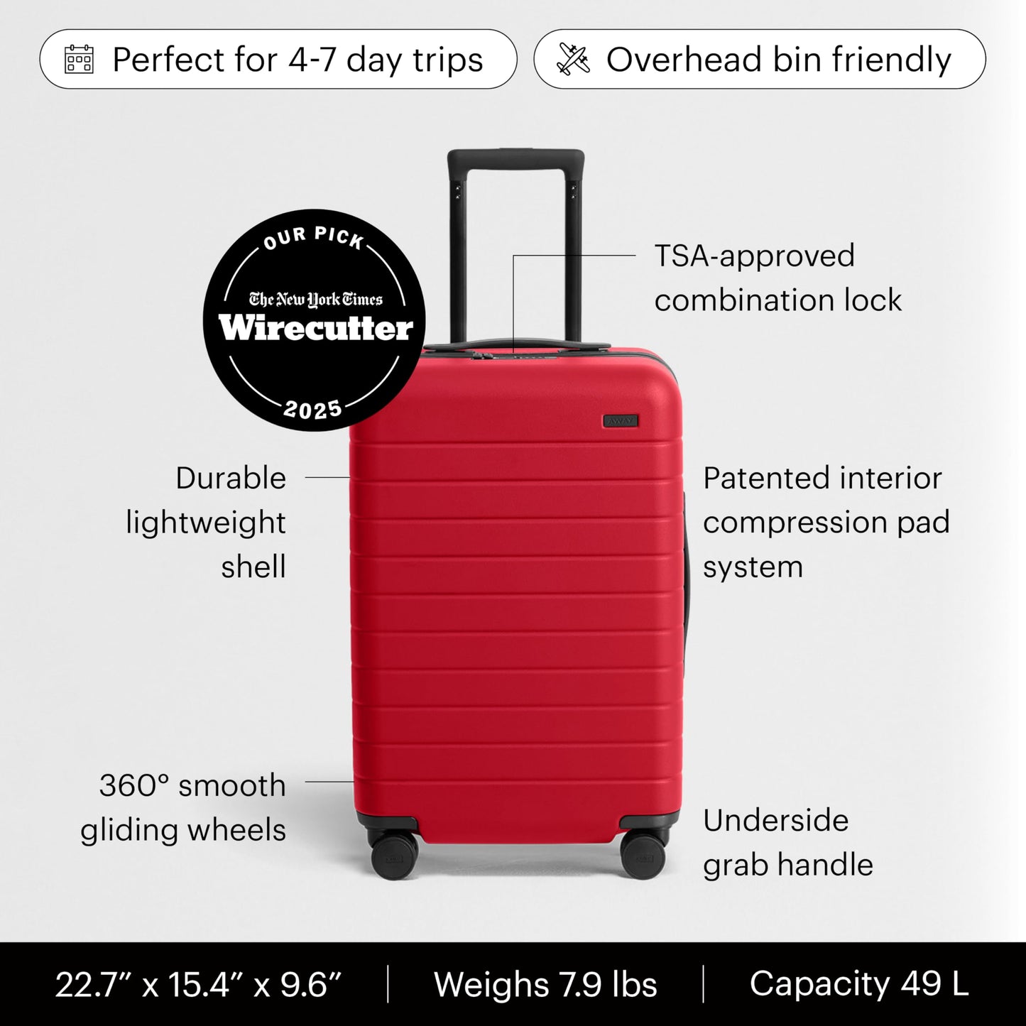 Away Bigger Carry-On Luggage - 23-Inch Lightweight Hardside Suitcase with 360° Spinner Wheels, Interior Compression System, TSA-Approved Lock - Cherry Red