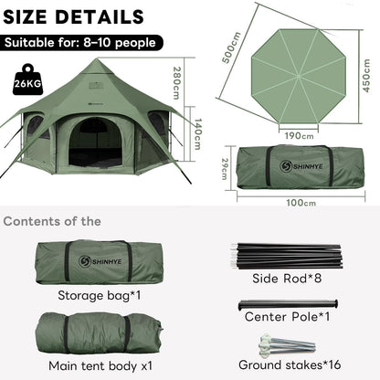 ShinHye 16.4ft Bell Tent for Glamping & Camping – Waterproof Canvas with Stove Jack, Removable Floor & 8 Mesh Windows (Fits 6-8 People)