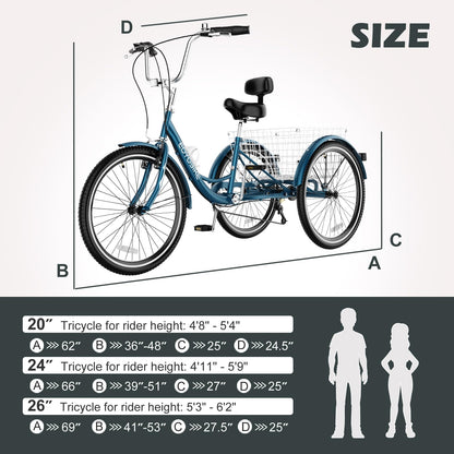 H&ZT Adult Tricycle, 3 Wheeled Bike, Trike Cruiser Bike, with 7-Speed Gear, Parking Brake Handle, Low Step, Large Rear Basket, Elderly Friendly, for Men, Women, and Teens
