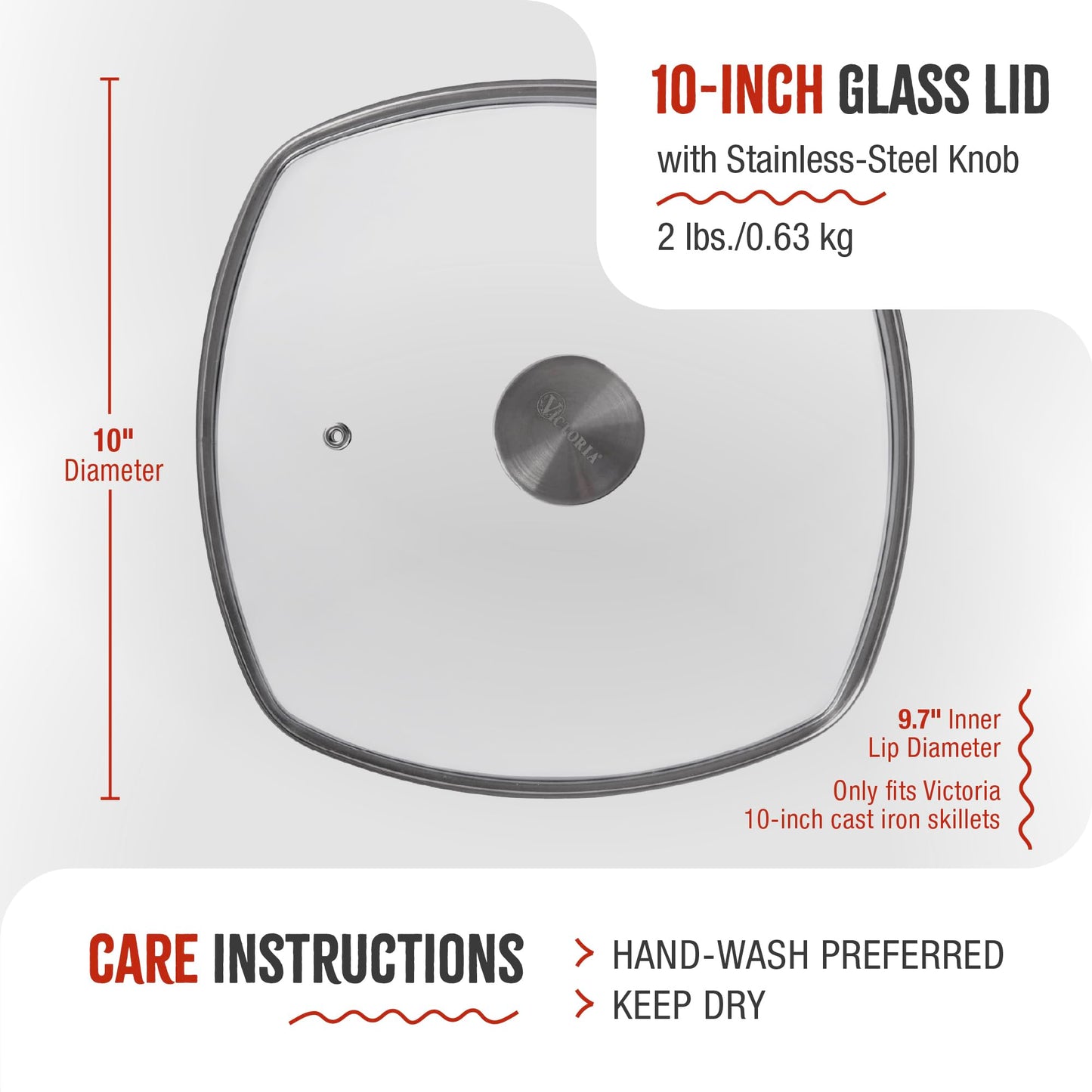 9.7-Inch Glass Lid for Victoria Square 10-Inch Square Skillet or Pan, Custom Made for Only Victoria Brand, Internal Diameter 9.7-Inch, External Diameter 10 Inch