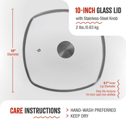 9.7-Inch Glass Lid for Victoria Square 10-Inch Square Skillet or Pan, Custom Made for Only Victoria Brand, Internal Diameter 9.7-Inch, External Diameter 10 Inch
