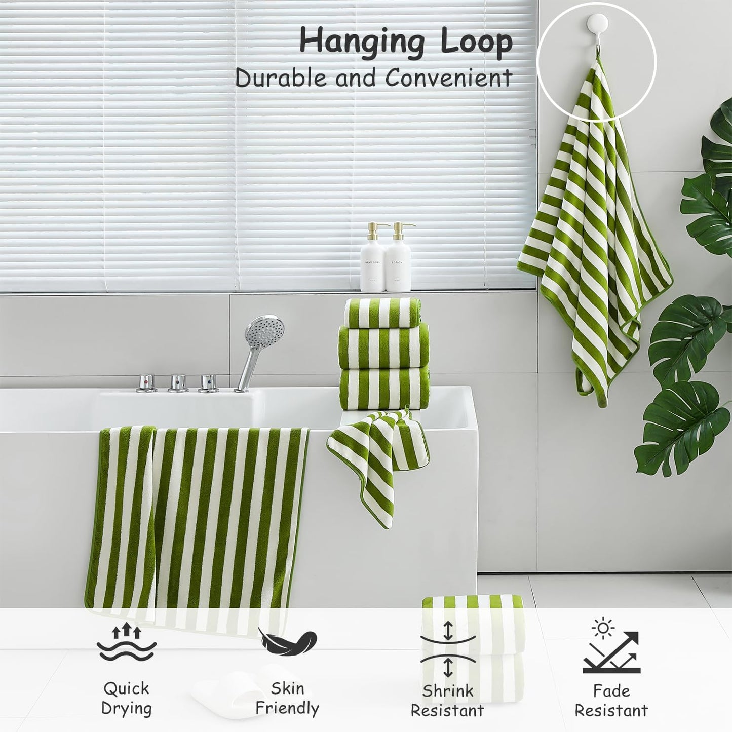 18 Set Loop-6 Towels,6 Towels,6 Set Pcs Green Stripe Bath Towel with Hanging Bath Hand Washcloths Soft Family Towels