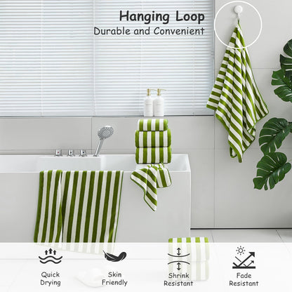 18 Set Loop-6 Towels,6 Towels,6 Set Pcs Green Stripe Bath Towel with Hanging Bath Hand Washcloths Soft Family Towels