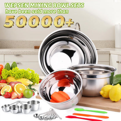 WEPSEN Mixing Bowls with Lid Set, 25PCS Kitchen Utensils Metal Bowl Stainless Steel Nesting Bowls, Measuring Cups and Spoons, Egg Whisk for Baking Prepping Cooking Serving Supplies