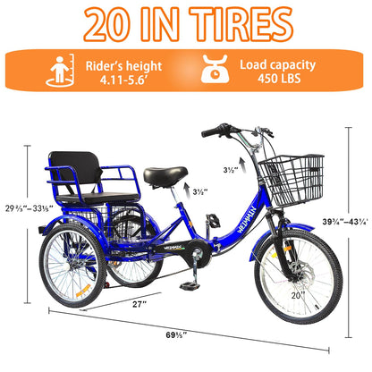 Adult Tricycle, 20 inch Folding Tricycle 3 Wheel Bike for Women,Men,Seniors, Cruiser Bike 3 Wheel Trike for Shopping Load 450Ib (1)