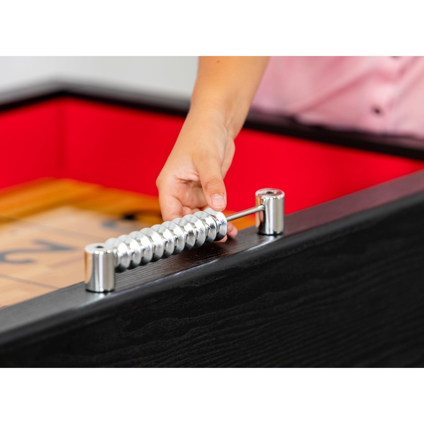 Hathaway Avenger 9 Ft Shuffleboard Table for Family Game Room – Poly-Coated Playfield, Built-in Scorer & Cabinet, Carpeted Gutters, 8 Pucks, Brush & Wax – Black Finish