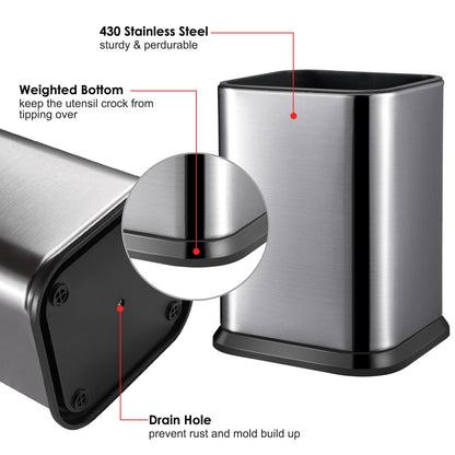 RedCall Stainless Steel Kitchen Utensil Holder for Countertop, Spoon Spatula Organizer,Modern Rectangular Large Cooking Utensil Caddy Counter,Utensil Crock Silver