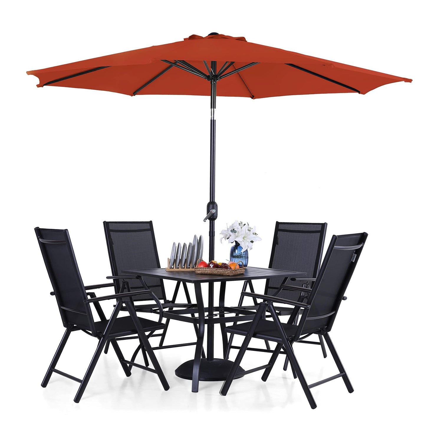 PHI VILLA Outdoor Patio Dining Set for 4 with 9ft Patio Umbrella (No Base), Outdoor Table and Chairs with Adjustable Patio Folding Chair & 37" Metal Dining Table for Garden, Yard and Deck