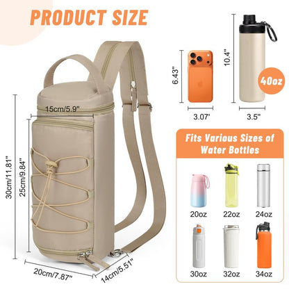 Nuovoware Small Sling Backpack, Sling Bag 25oz/32oz/40oz/50oz Water Bottle Carrier with Zippered Cap, 2 Pockets, Adjustable Shoulder Strap Carrier for Walking Traveling, Camel