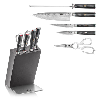 Cangshan YARI Series HUA Knife Block Set, X-7 Damascus Steel, Ash Wood Block (6-Piece)