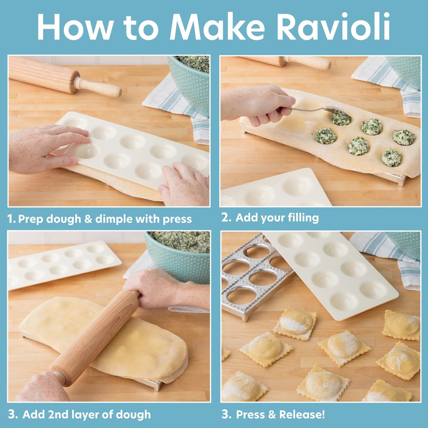 Ravioli Maker by Cucina Pro - Includes Tray and Press Tool - Makes 12 Italian, Authentic Raviolis at a Time, XL 1 3/4 Inch Squares, Easy to Use Pasta Maker Kit, Sturdy Construction & Great Gift
