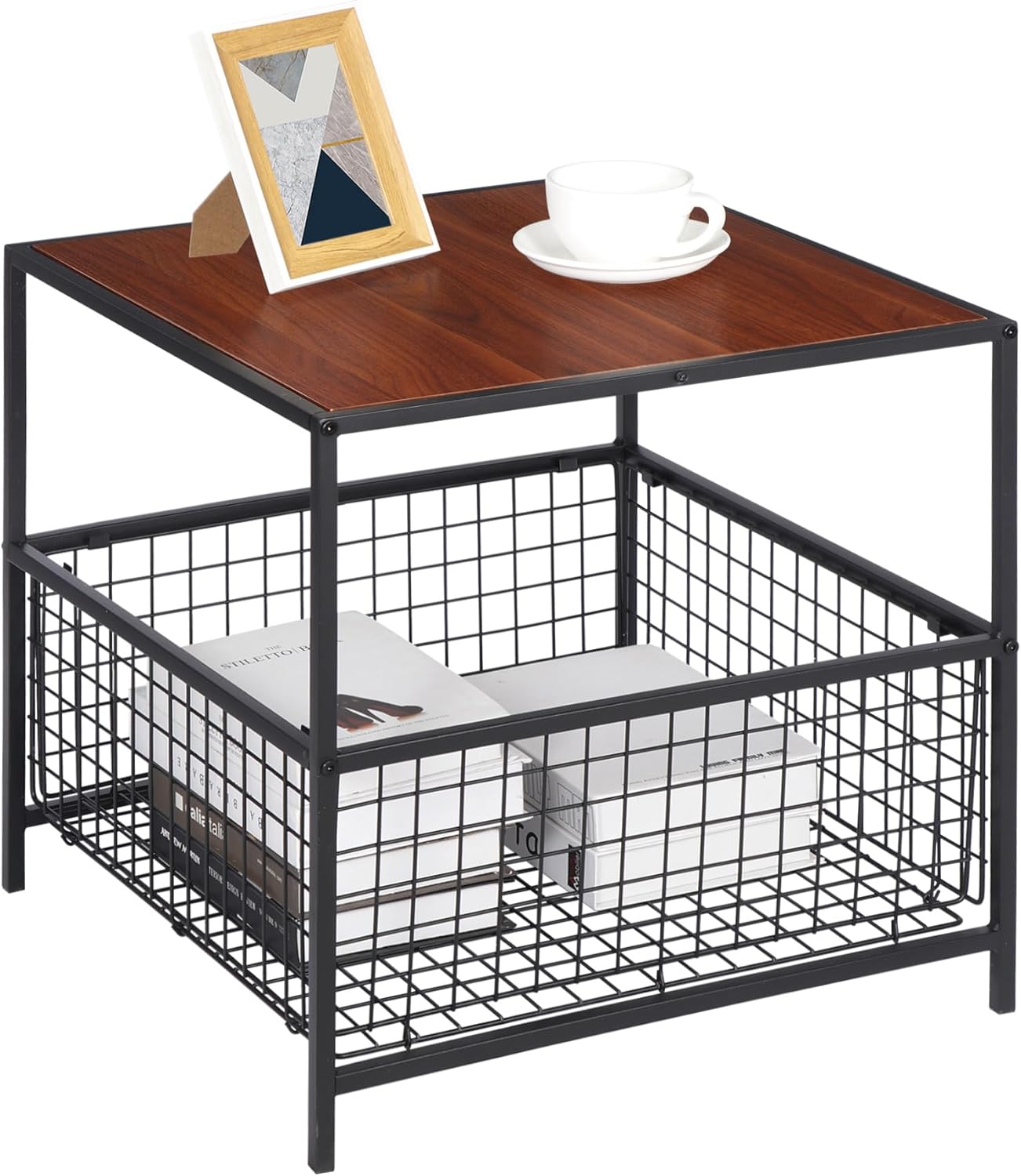 2 20 inch SUPER DEAL Tier Side Table with Mesh Basket, Square End Table Nightstand for Bedroom Living Room, Mini Fridge
