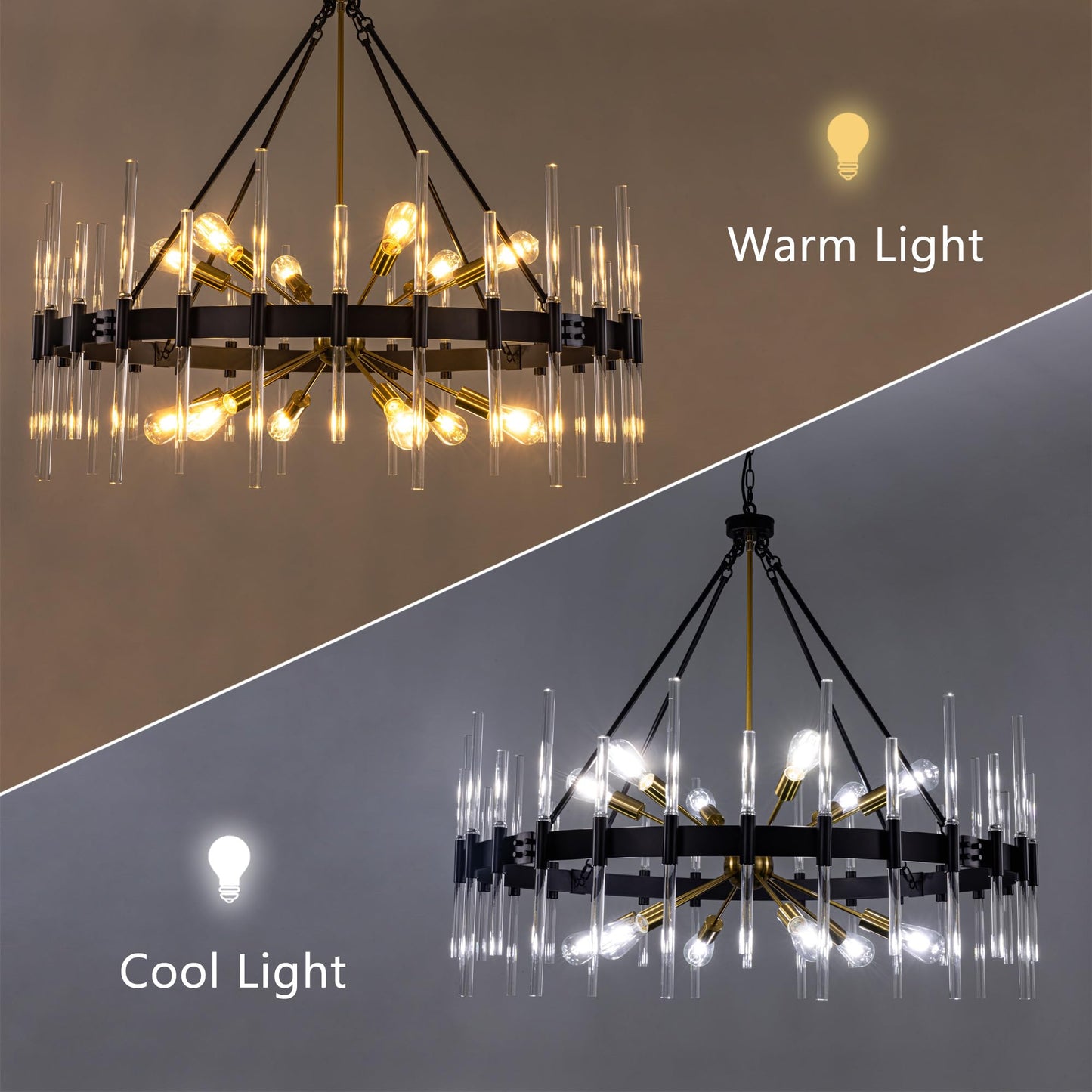 Wellmet Black and Gold Chandelier, Modern Dining Room Chandelier with Glass Rods 45", Farmhouse Wagon Wheel Light Fixtures Ceiling Hanging Pendant Lighting for Living Room, Kitchen, Foyer, Bedroom