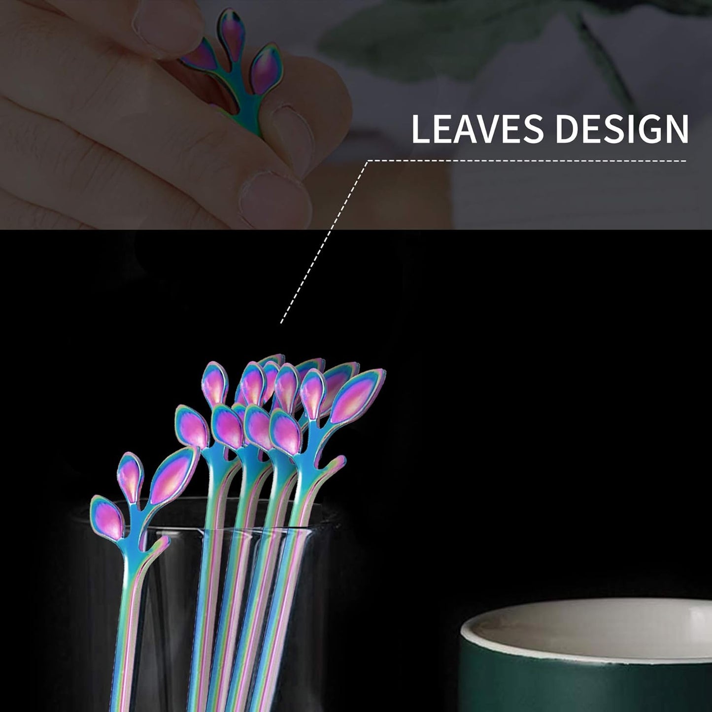 Rainbow Leaf Coffee Spoons, IFeico 4.7 inch Stainless Steel Ice-Cream Tea Sugar Spoons, 5 Pack
