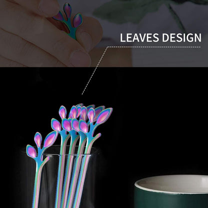 Rainbow Leaf Coffee Spoons, IFeico 4.7 inch Stainless Steel Ice-Cream Tea Sugar Spoons, 5 Pack