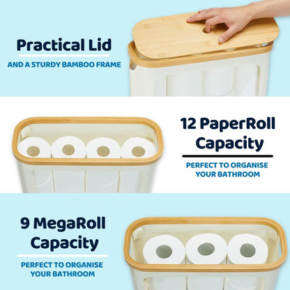 ROSOS Toilet Paper Storage with Lid, Large Toilet Paper Holder for up to 12 Rolls, Free Standing Bathroom Storage Organizer with Lid, Beige
