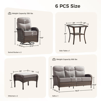 Luxury Patio Furniture Set with 6-inch Thick Cushions, Outdoor Furniture Set with High Back Swivel Chairs, 6 PCS Wicker Outdoor Conversation Set for Porch, Patio, Yard, Deck, Poolside, Brown/Beige