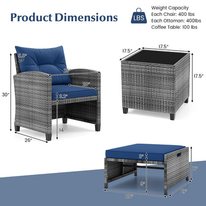 Tangkula 5 Pieces Patio Conversation Set, PE Wicker Rattan Outdoor Furniture Set with 2 Chairs, 2 Ottomans & Tempered Glass Coffee Table, Ideal for Poolside, Backyard, Lawn, Deck, Mix Grey & Navy