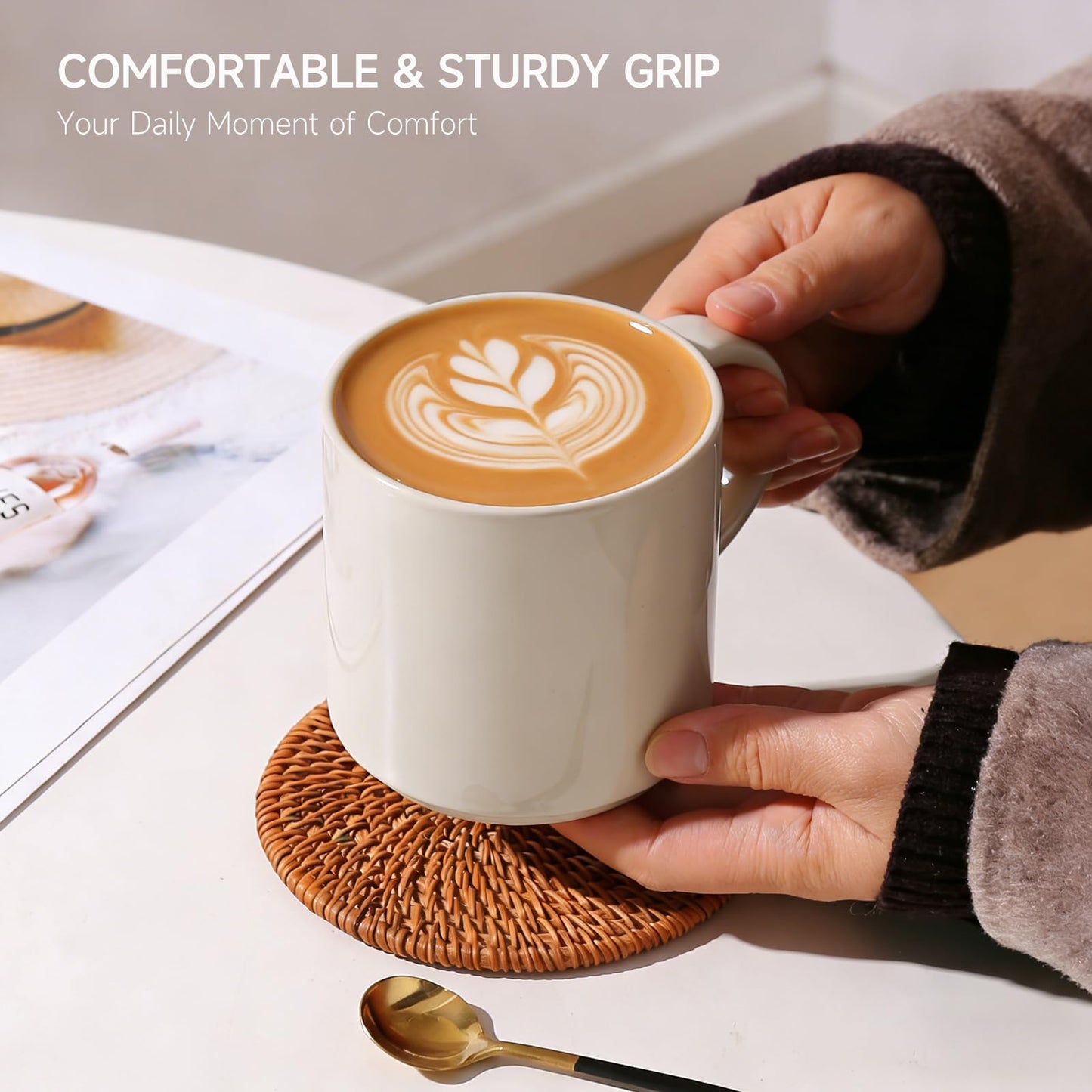 ALOFMO Coffee Mugs Set of 4, Stoneware Coffee Cups with Comfortable Handle, 16oz Ceramic Mugs for Kitchen & Office, Dishwasher & Microwave Safe - Creamy White