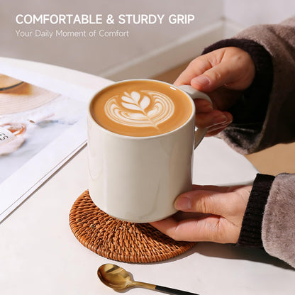 ALOFMO Coffee Mugs Set of 4, Stoneware Coffee Cups with Comfortable Handle, 16oz Ceramic Mugs for Kitchen & Office, Dishwasher & Microwave Safe - Creamy White