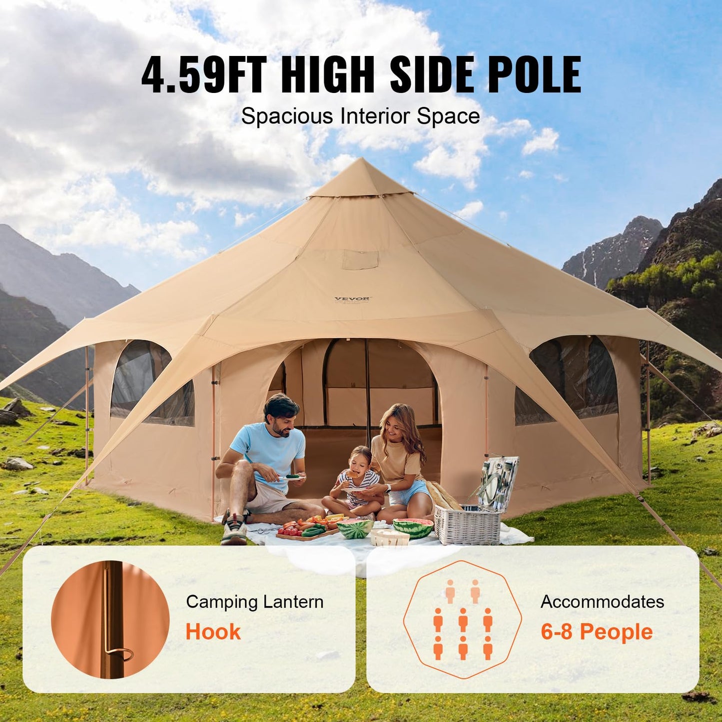 VEVOR Canvas Tent, 4 Seasons 5 m/16.4 ft Bell Tent, for Camping with Stove Jack, Family Camping Outdoor Hunting Party