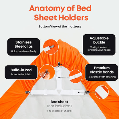 5 STARS UNITED Bed Sheet Straps Set | Adjustable Elastic Fasteners with Metal Clips | Sheet Holders for Corners |