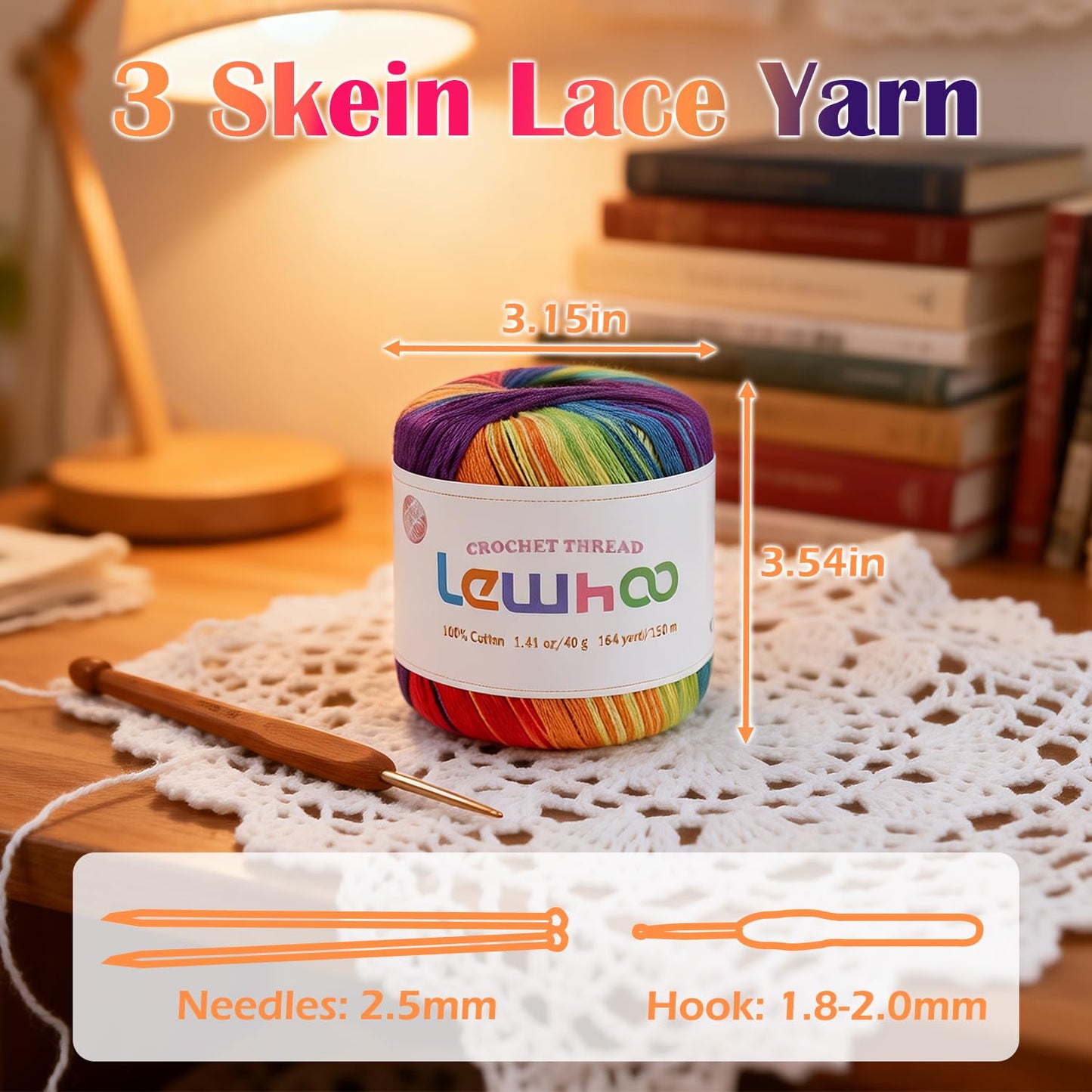 Lewhoo Crochet Thread Size 3, 3 Pack 100% Cotton Lace Yarn Set, 40g Balls Yarn for Hand Knitting Rainbow