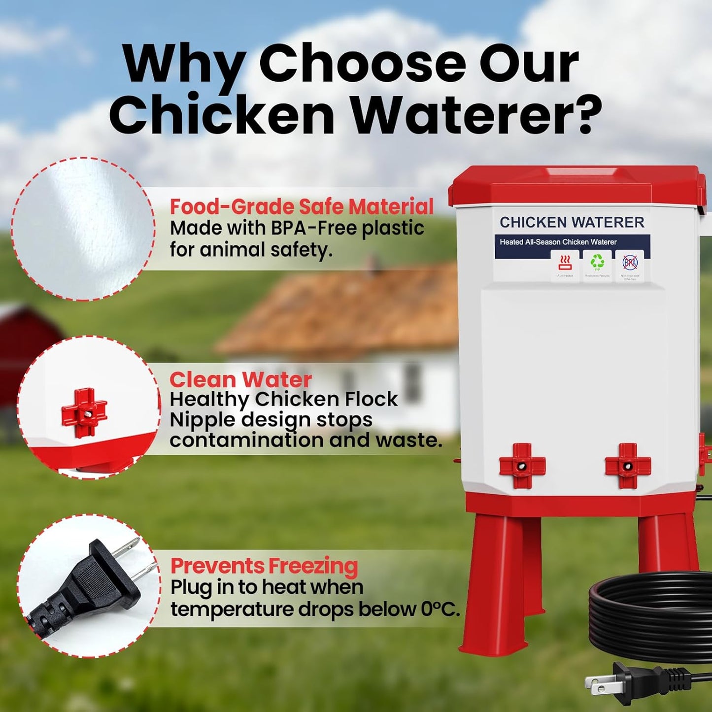 3.2 4 110V Quails,12L (1 Gallon Heated Chicken Waterer with Nipple Drinkers - Adjustable Height, BPA-Free