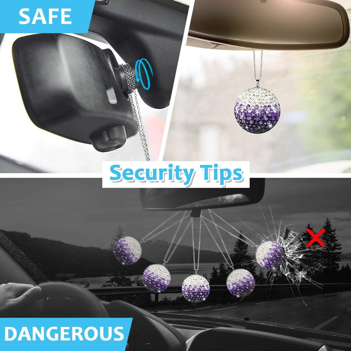 Rear View Mirror Bling Crystal Ball Charms, Purple Car Accessories for Women