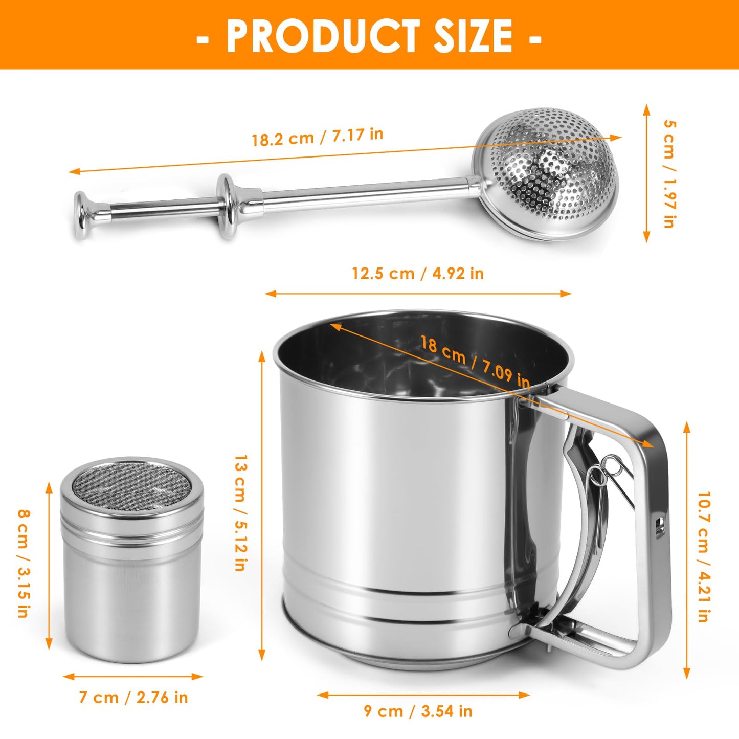 Flour Sifter for Baking, 3 in 1 Stainless Steel 3 Cup Flour Sieve Fine Mesh Sifter, Double-layer Squeeze Baking Sifter, Powdered Sugar Shaker Duster Set for Baking Cakes, Pastries, Cupcakes, Desserts