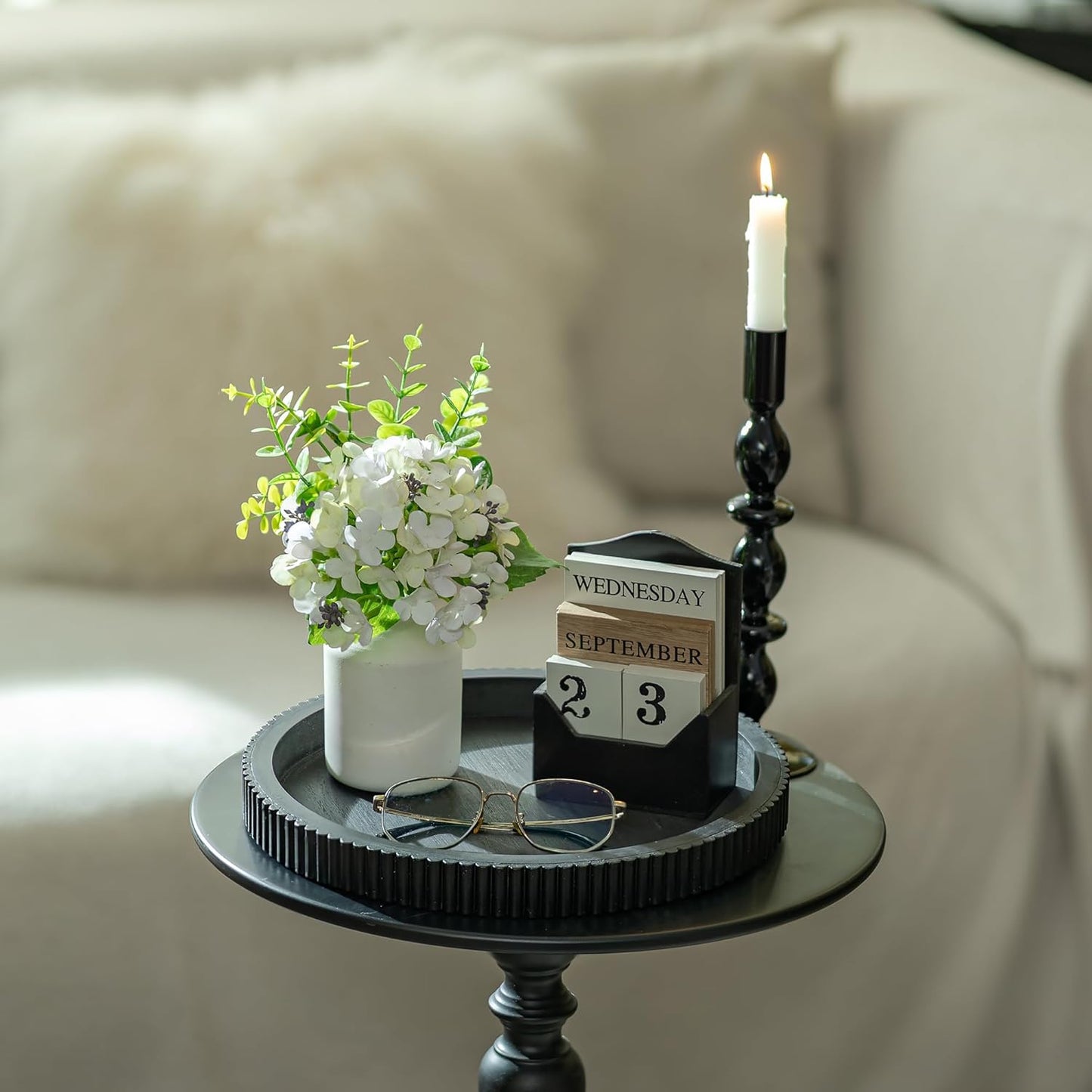 12" Hanobe Decorative Tray for Coffee Table: Black Round Centerpiece Tray for Home Decor - Wood Modern Farmhouse Decor