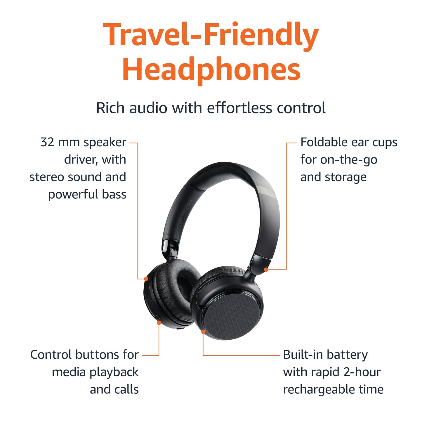 Amazon Basics Bluetooth On-Ear Headphones Wireless with Microphone, Deep Bass, 35 Hour Playtime, Foldable, Collapsible, Portable Travel Friendly, Black