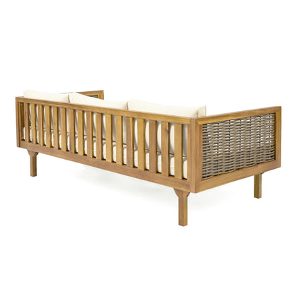 Christopher Knight Home Outdoor 3 Seater Acacia Wood Daybed with Fabric Water Resistant and Removable Cushions, Patio Garden Poolside Sofa with Wicker Armrest and Slat Paneling Back, Teak and Beige