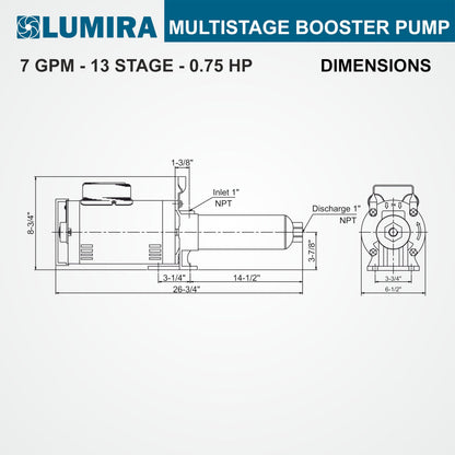 LUMIRA Multi stage booster pump - 07 GPM,13 STAGE, 3/4 hp, 115/230 Volts, 1 phase, 1" FNPT connections