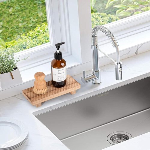 Farmhouse Decor Bathroom Tray - Wooden Pedestal Stand for Soap Display | 8.7 x 3.6 Inches, Brown