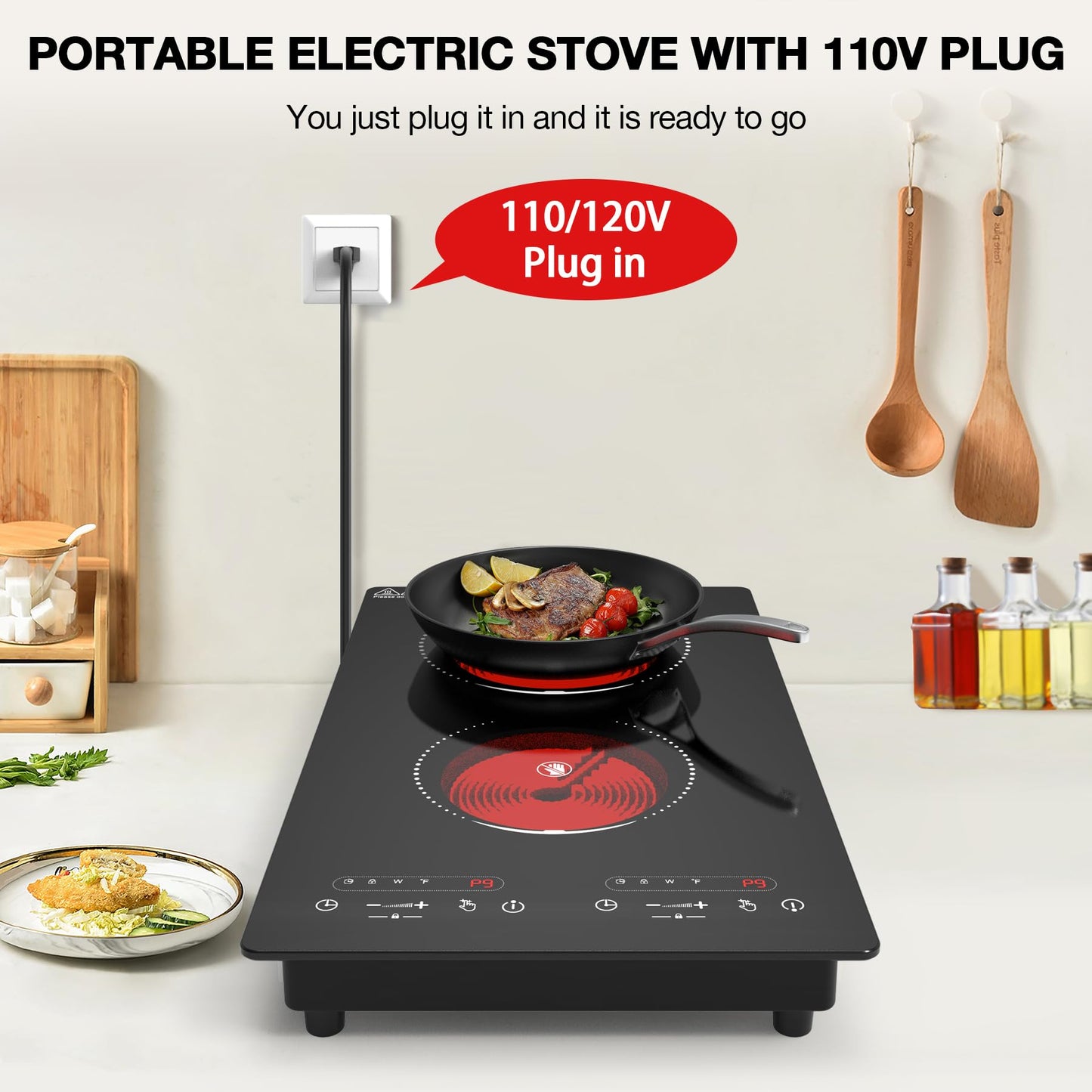 VBGK Electric Cooktop,110V 2100W 2 Burner Electric Cooktop,Countertop and Built-in Stove top with 9 Power Levels,Child Safety Lock, Timer, LED touch control,Overheat Protection