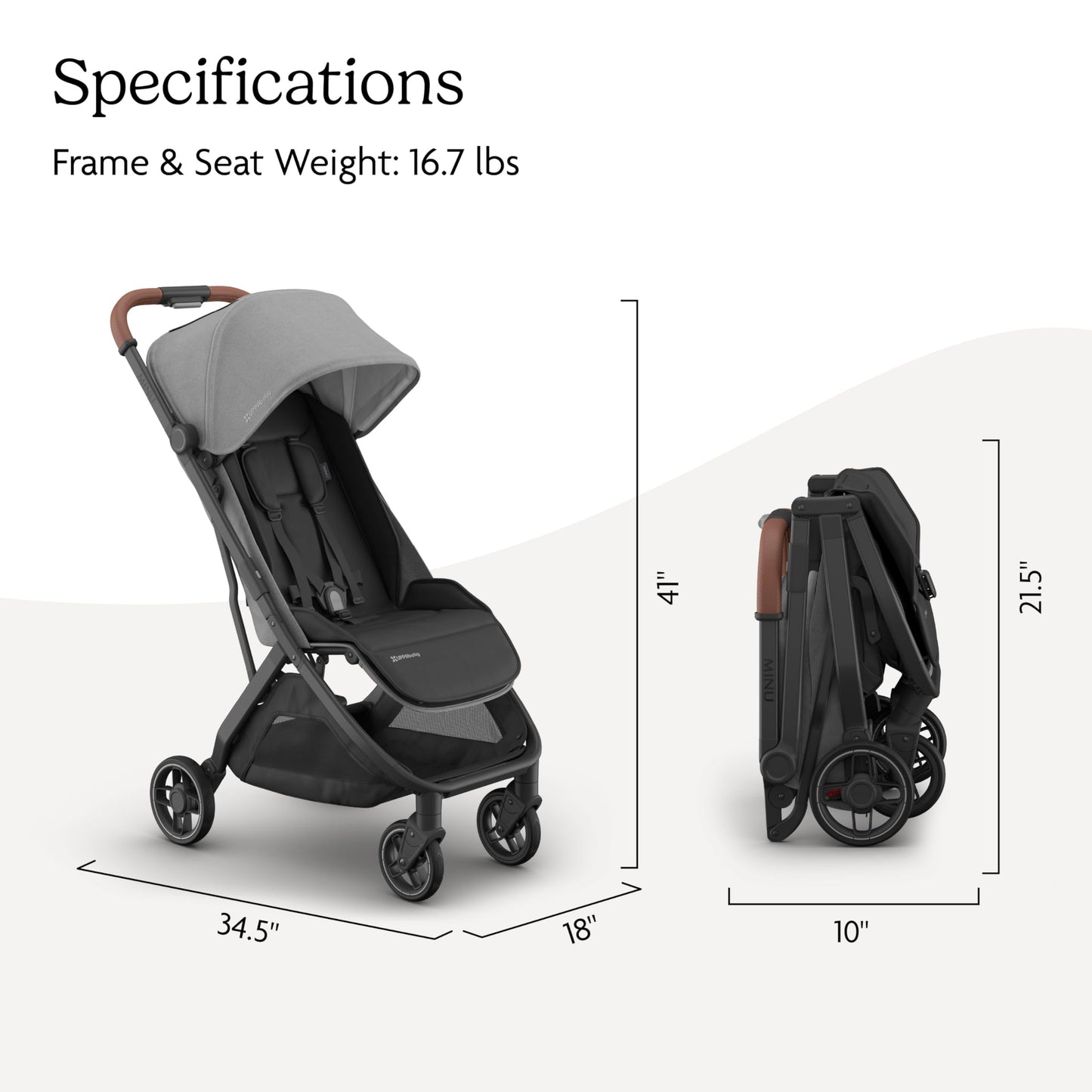 UPPAbaby Minu V3 Travel Stroller - Lightweight + Compact Design - One-Hand Fold + Unfold - from Birth + Overhead Compatible - Greyson (Charcoal Mélange/Carbon Frame/Saddle Leather)