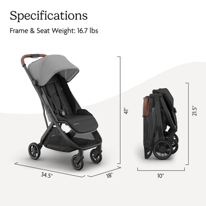 UPPAbaby Minu V3 Travel Stroller - Lightweight + Compact Design - One-Hand Fold + Unfold - from Birth + Overhead Compatible - Greyson (Charcoal Mélange/Carbon Frame/Saddle Leather)