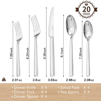 KINGSTONE Silverware Set, 20-Piece Flatware Cutlery Set Premium Stainless Steel, Service for 4, for Kitchen, Home, Wedding, Party, Mirror Polished and Dishwasher Safe